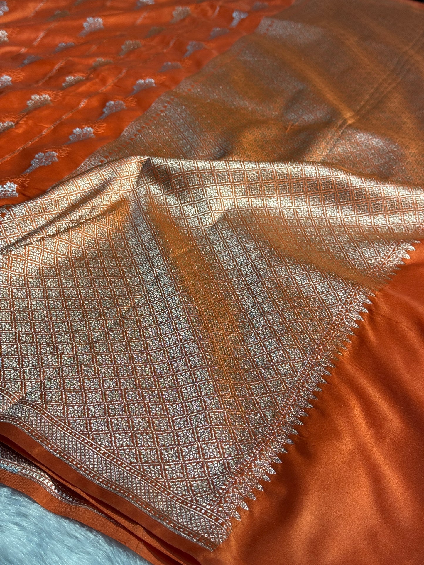 Peach orange Banarasi Mashru katan silk saree MK158
