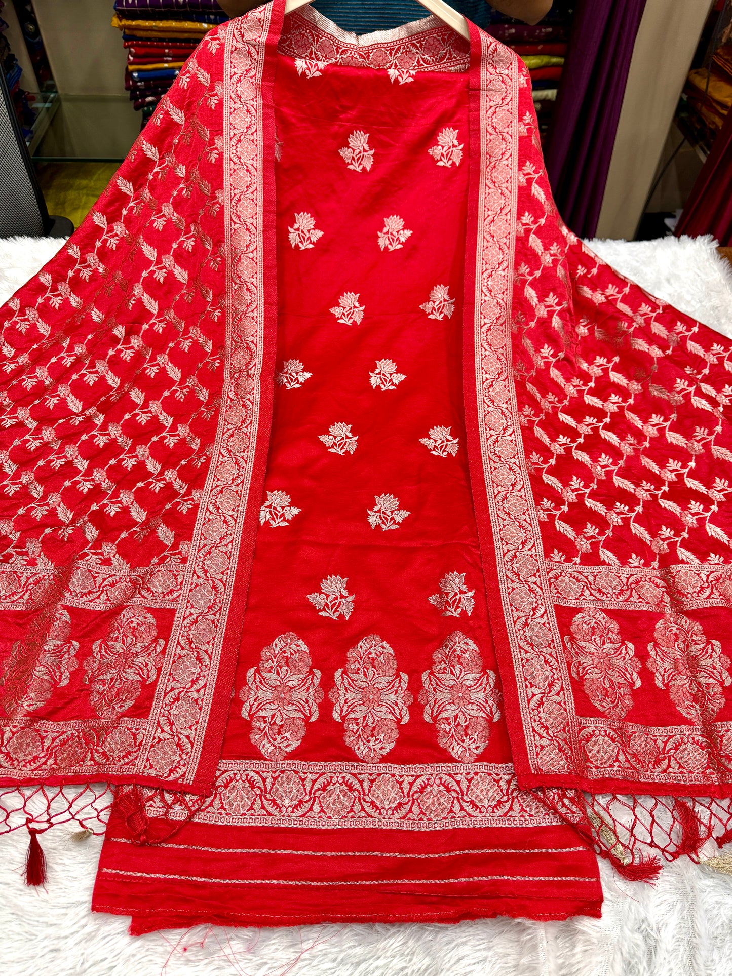 Red premium Banarasi soft satin suit dupatta SD101