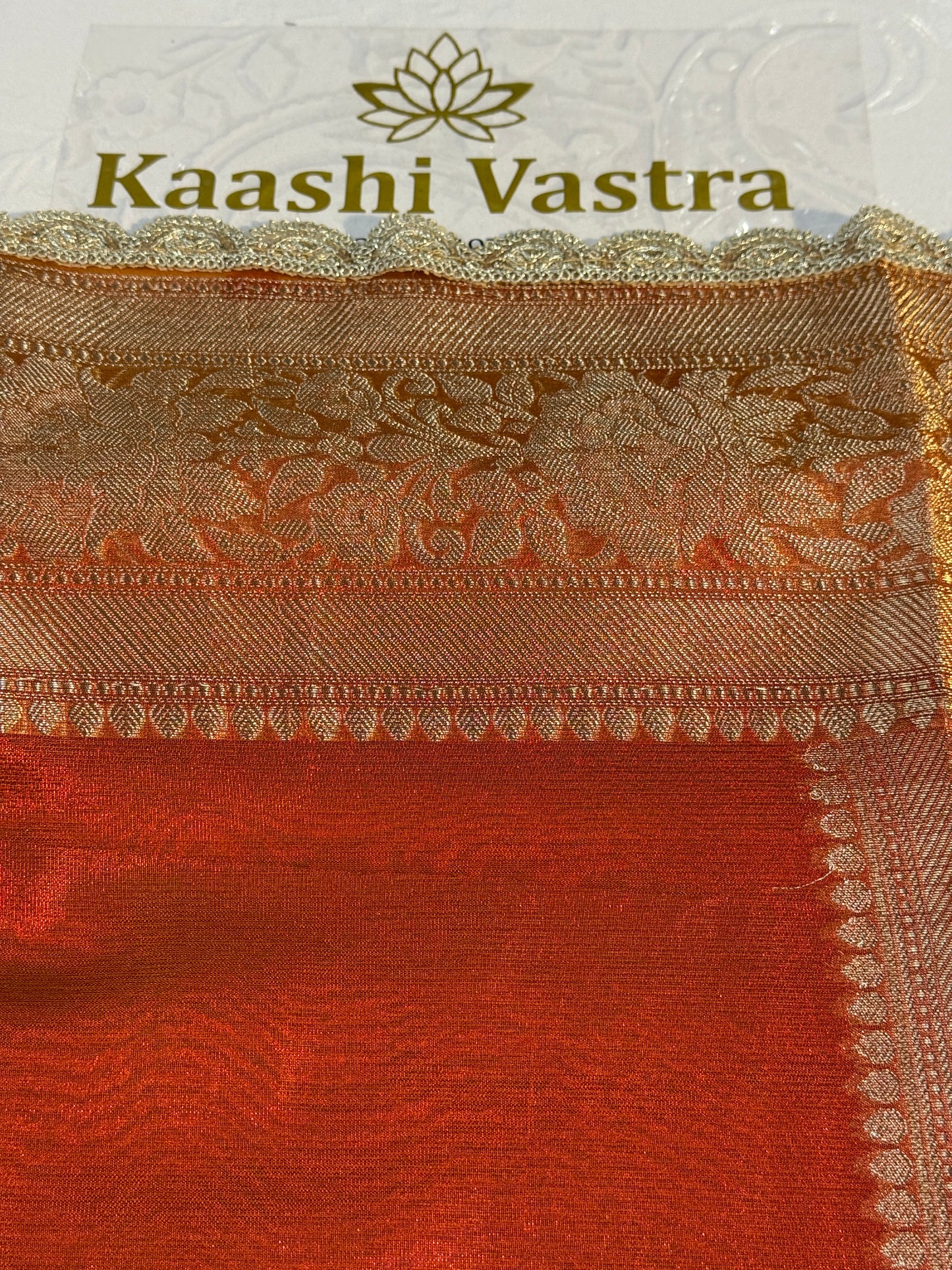 Orange Banarasi tissue silk saree with lace border TS106