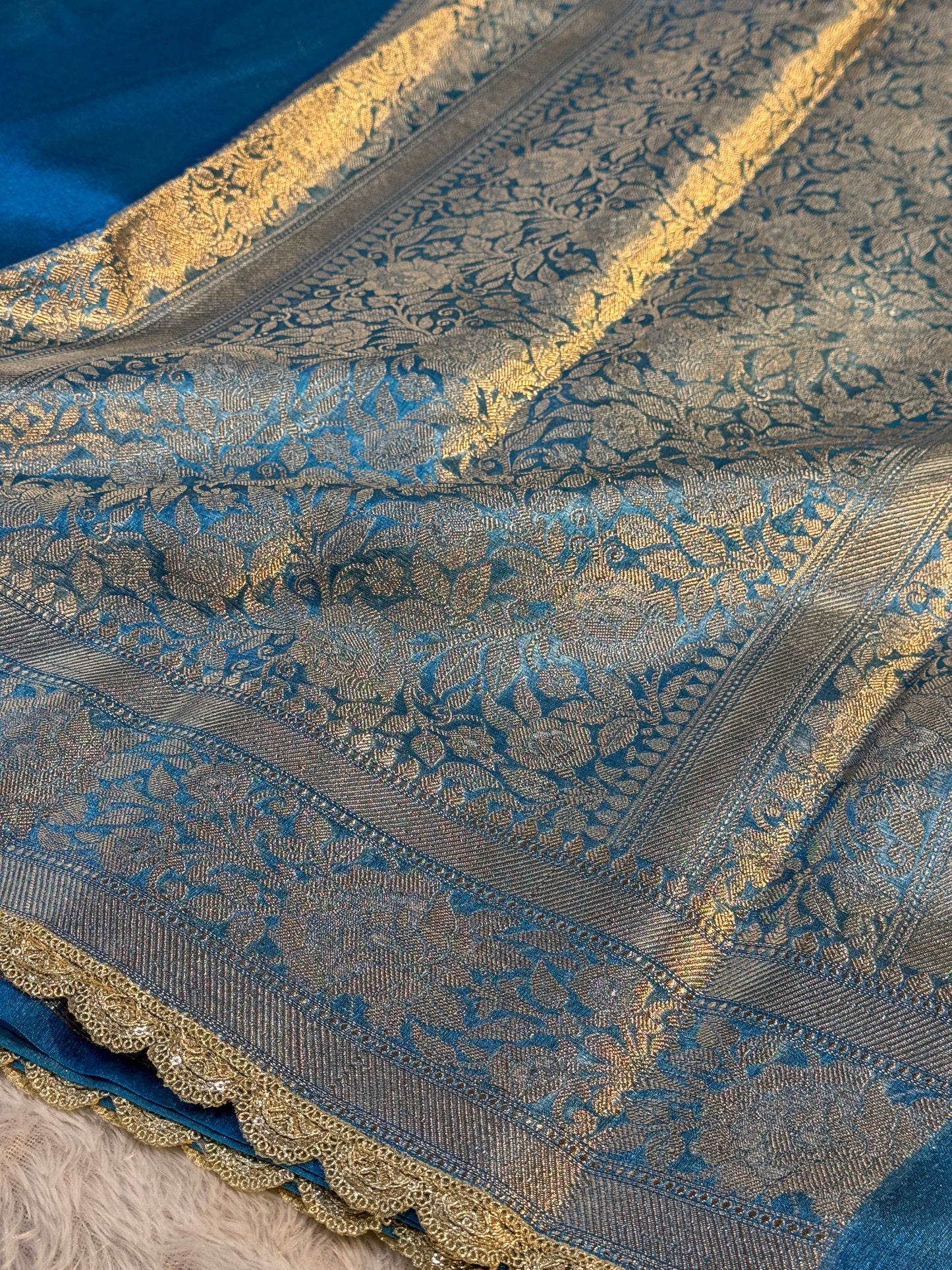 Sky blue Banarasi tissue silk saree with lace border TS106