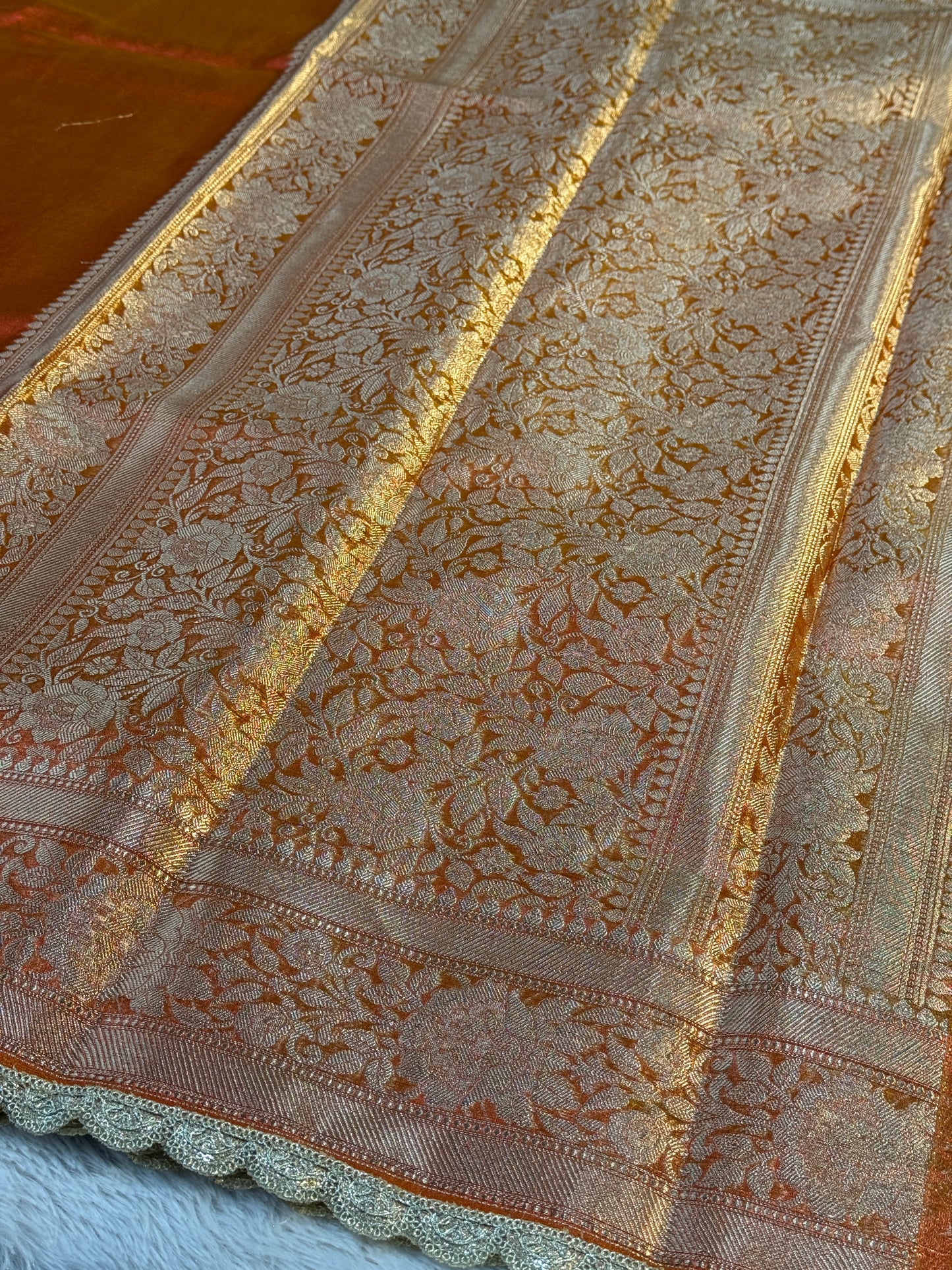 Orange Banarasi tissue silk saree with lace border TS106