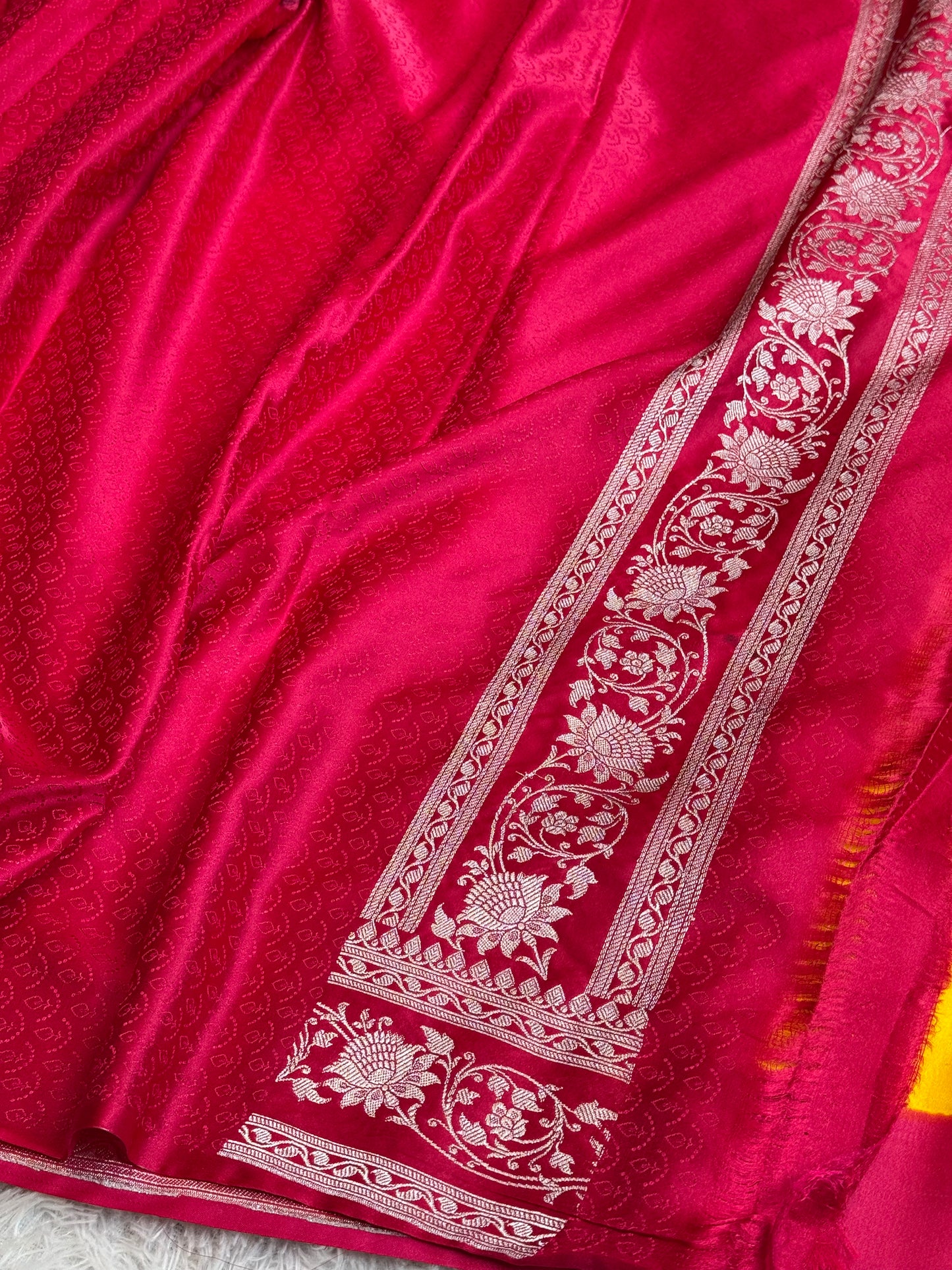 Yellow and cherry red premium Banarasi Mashru katan silk saree MK279