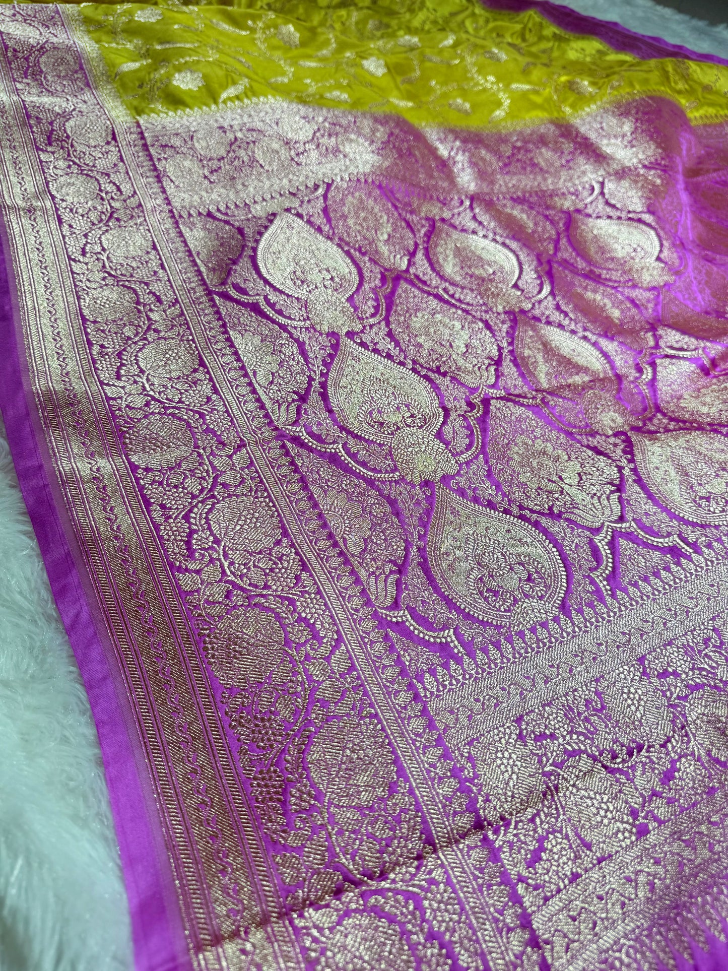 Yellow pink contrast Banarasi Mashru katan silk saree MK203