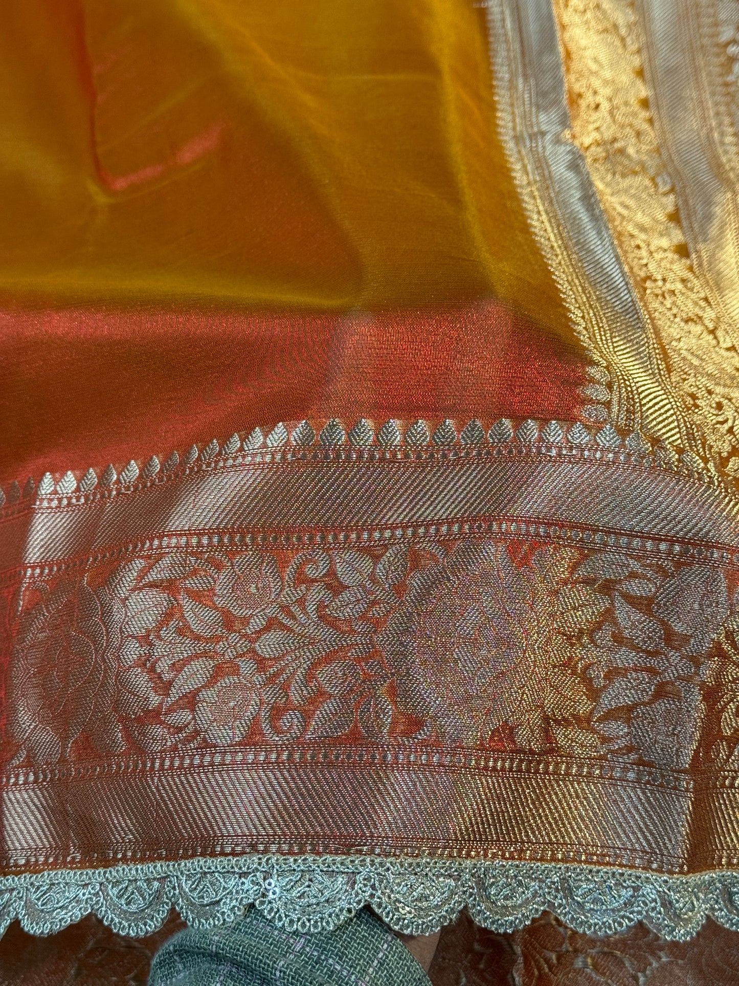 Orange Banarasi tissue silk saree with lace border TS106