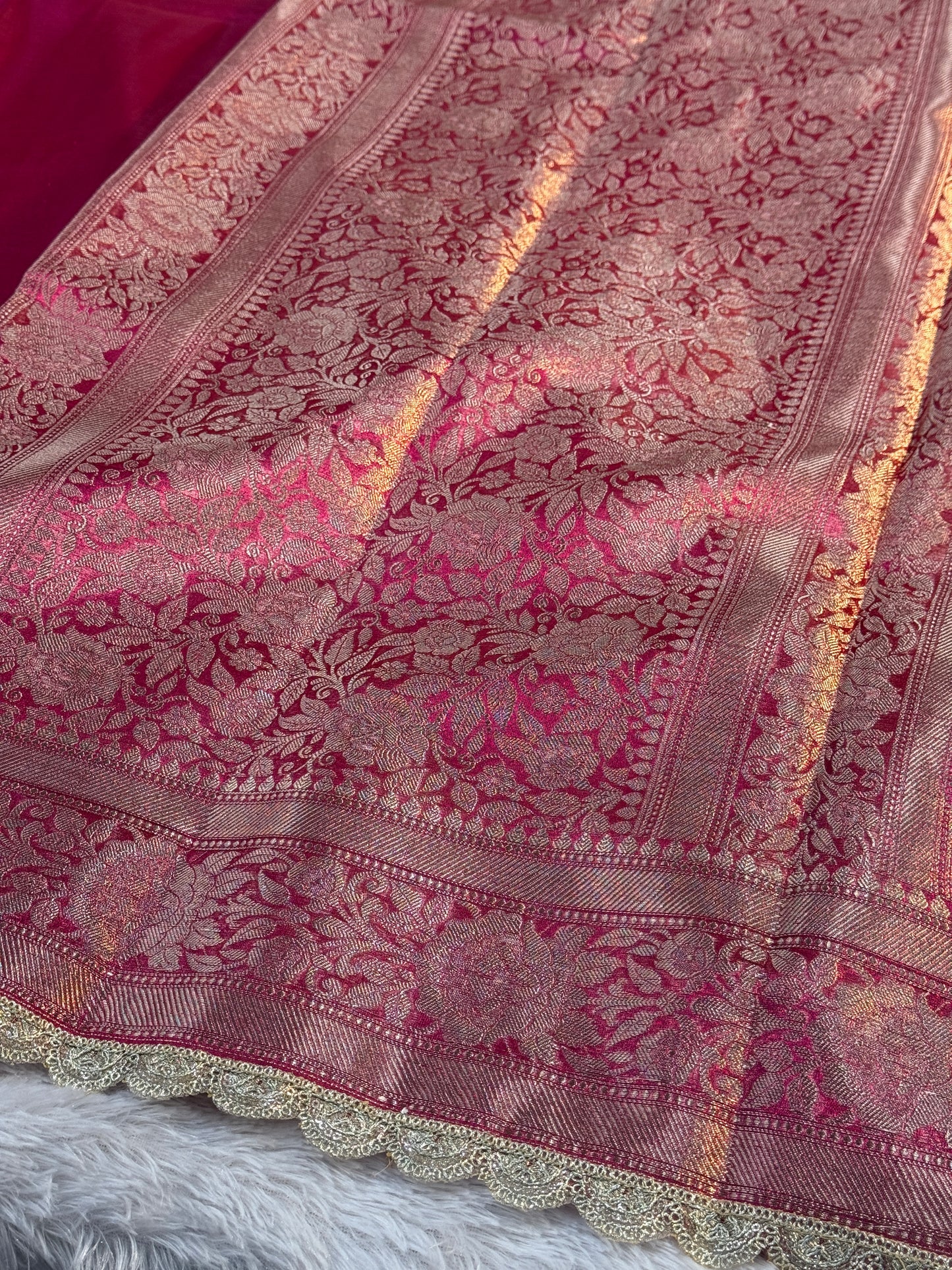 Rani pink Banarasi tissue silk saree with lace border TS106
