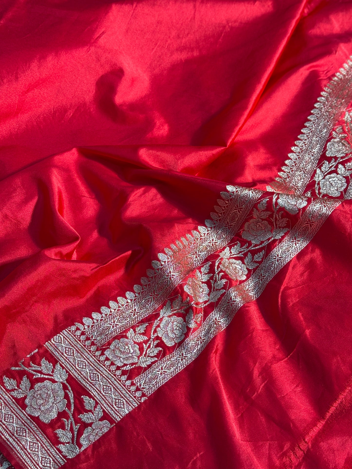 chilli red rose boota Mashru Silk Saree with light silver ZARI MK156
