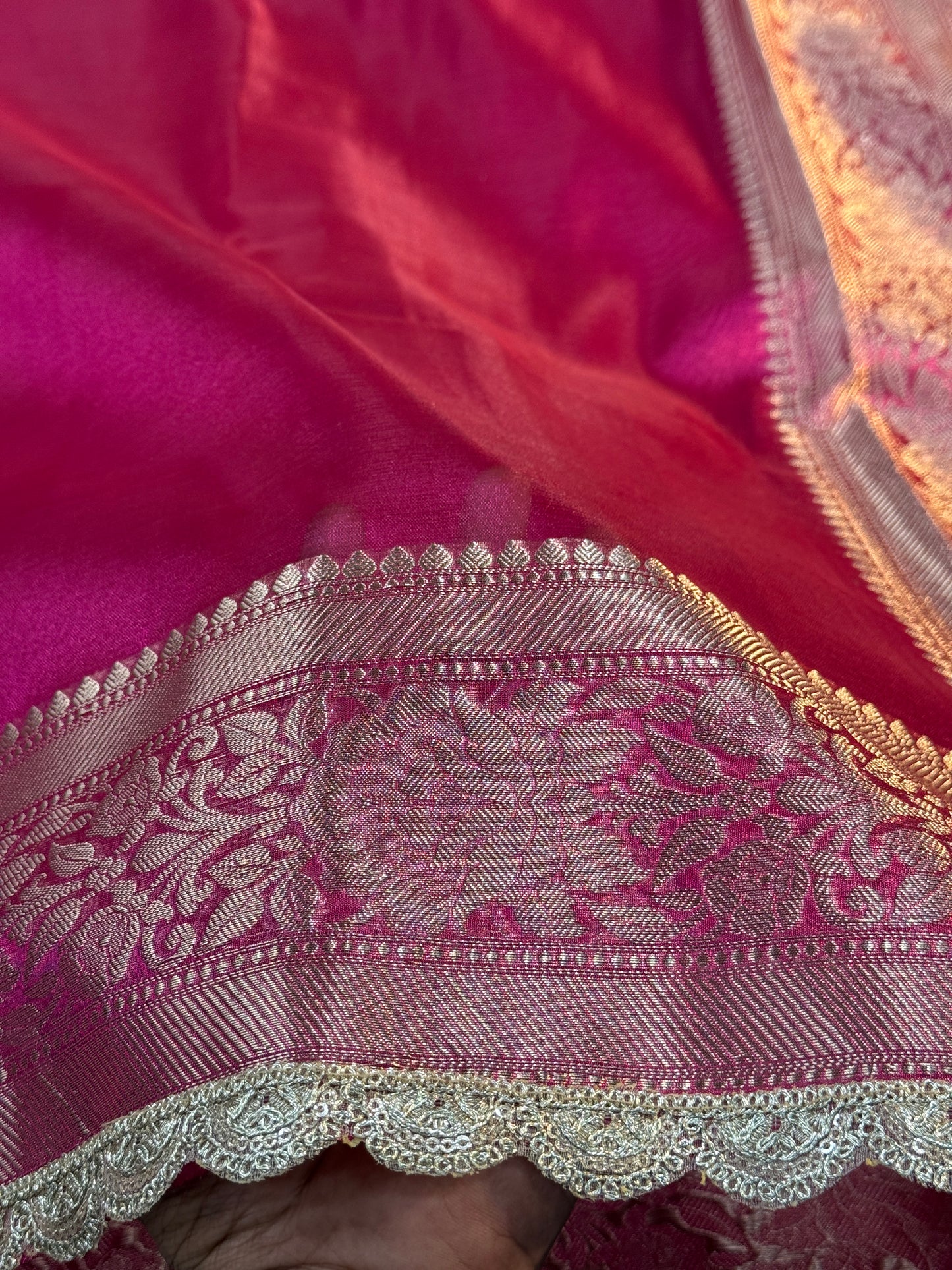 Rani pink Banarasi tissue silk saree with lace border TS106