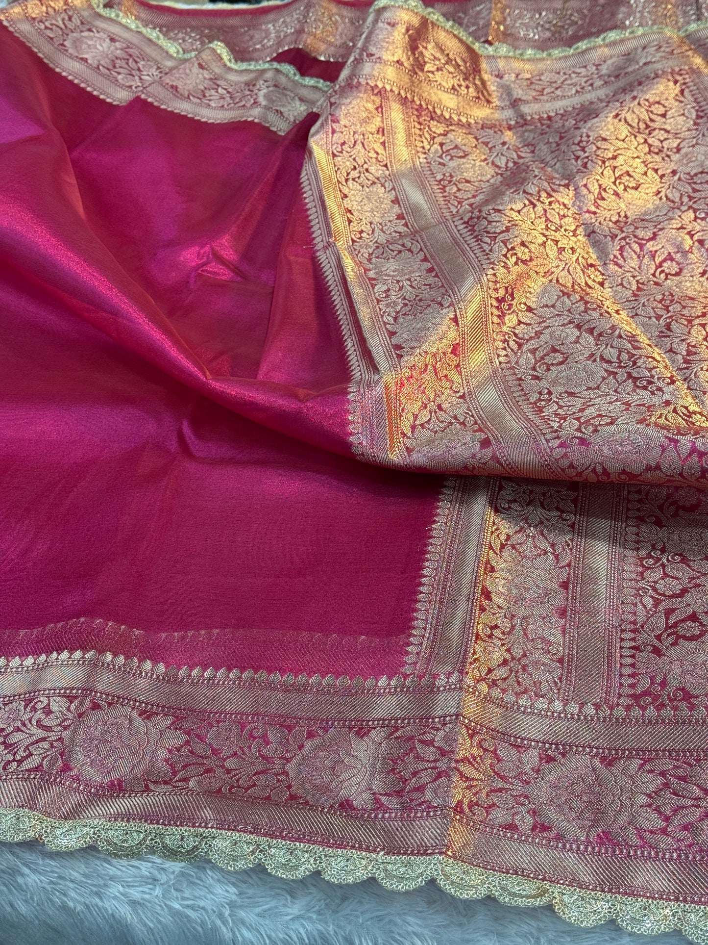 Rani pink Banarasi tissue silk saree with lace border TS106
