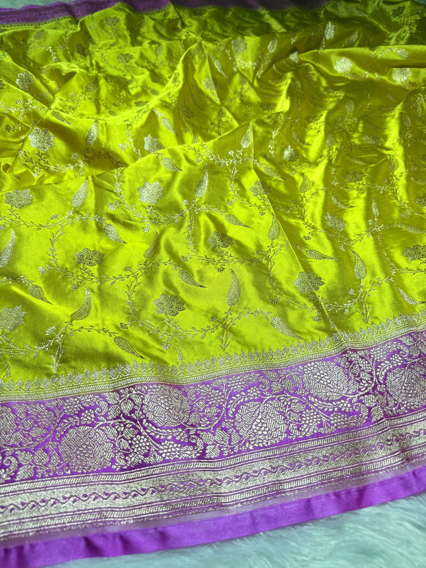 Yellow pink contrast Banarasi Mashru katan silk saree MK203