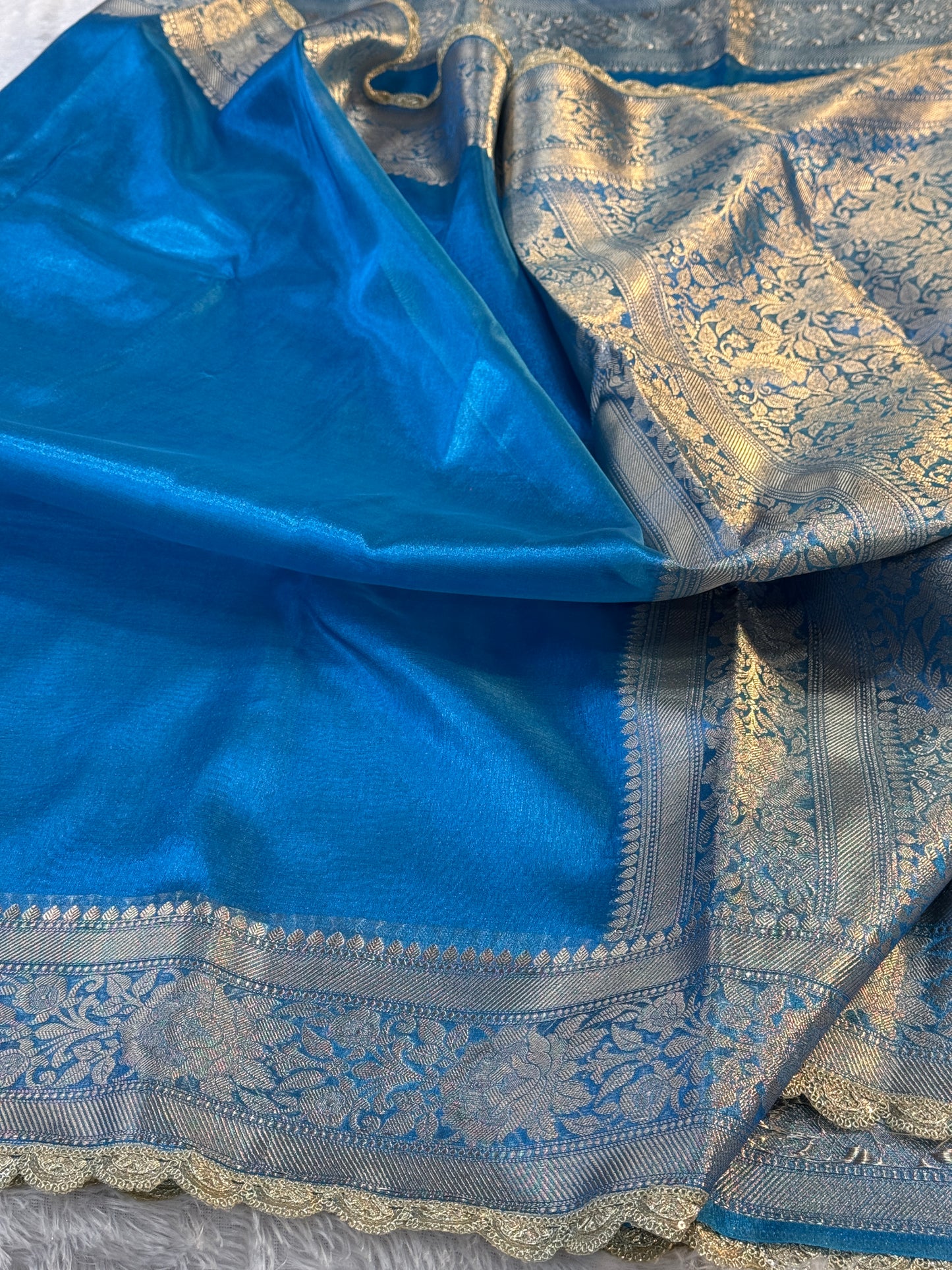 Sky blue Banarasi tissue silk saree with lace border TS106