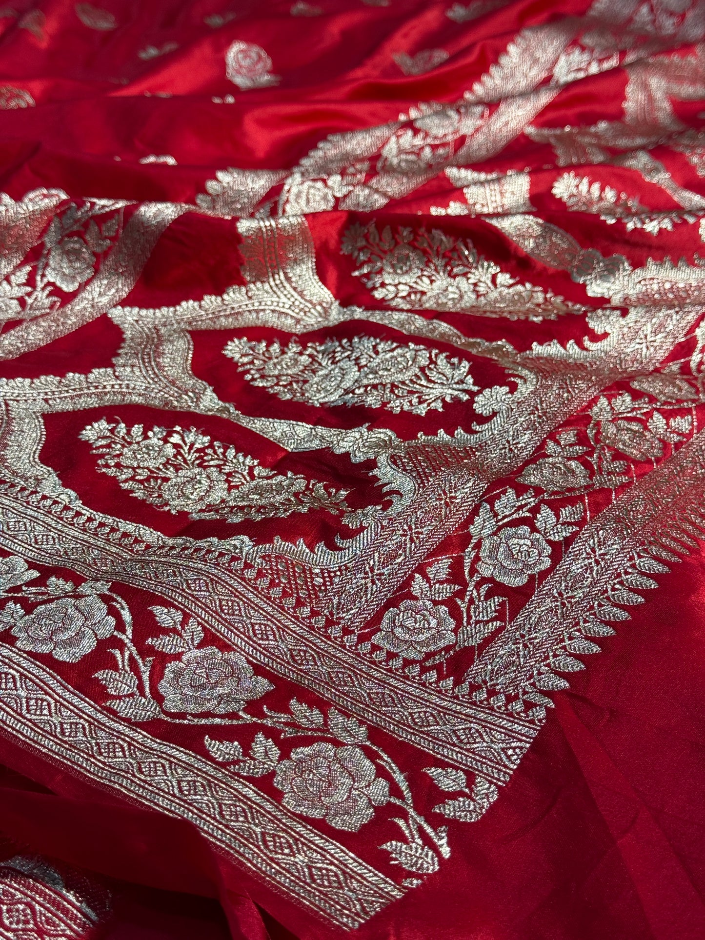 chilli red rose boota Mashru Silk Saree with light silver ZARI MK156