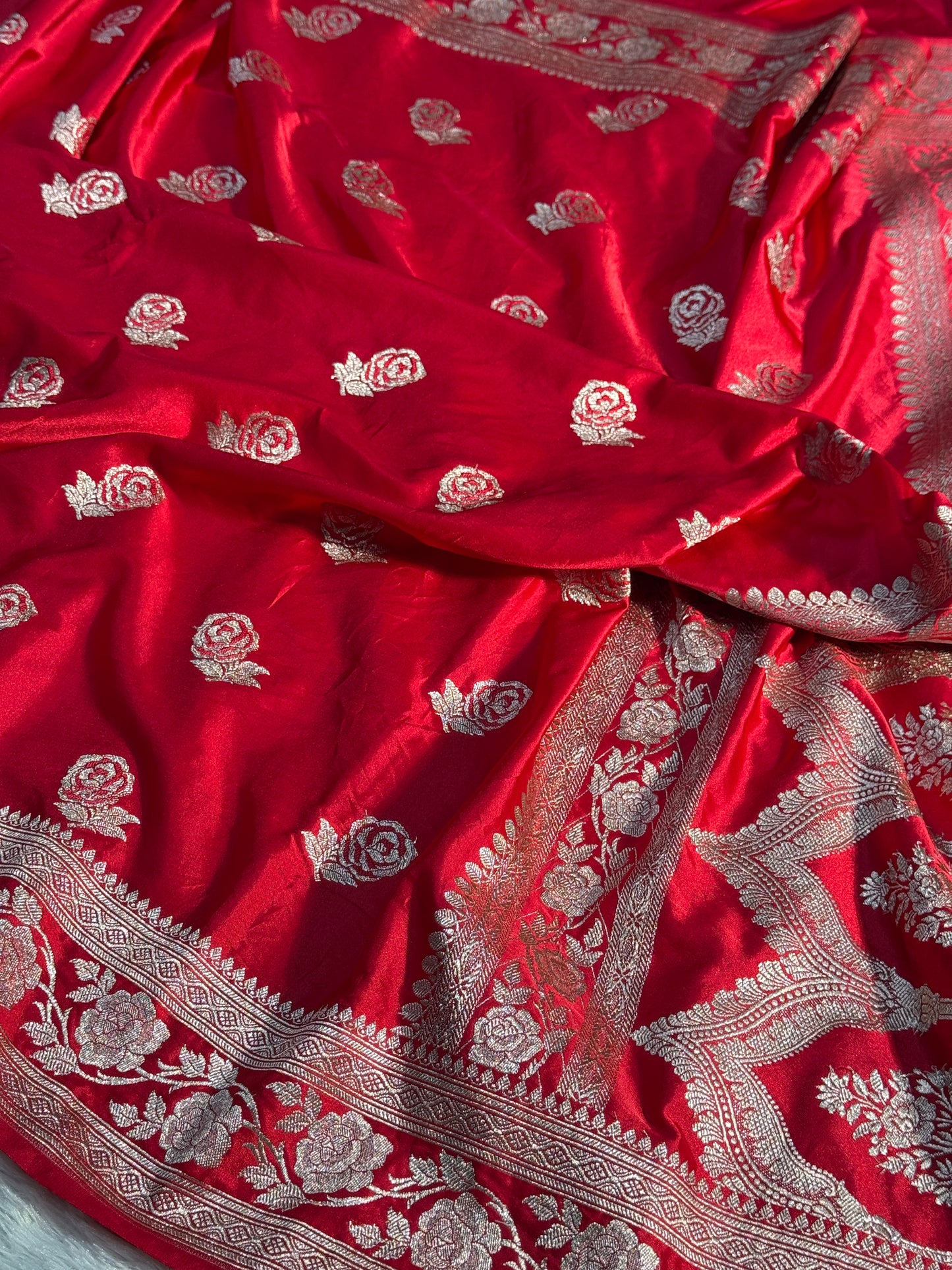 chilli red rose boota Mashru Silk Saree with light silver ZARI MK156