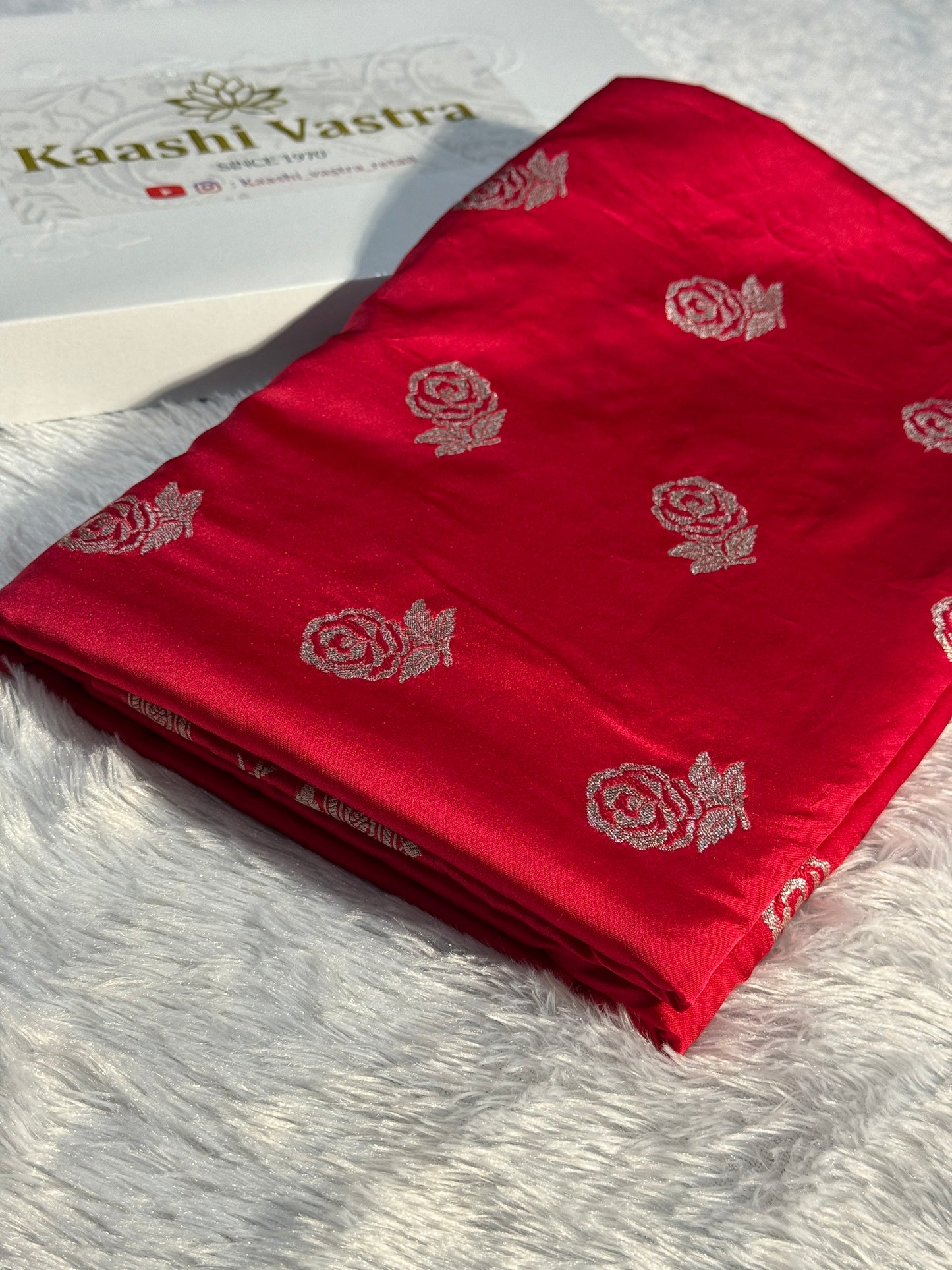 chilli red rose boota Mashru Silk Saree with light silver ZARI MK156
