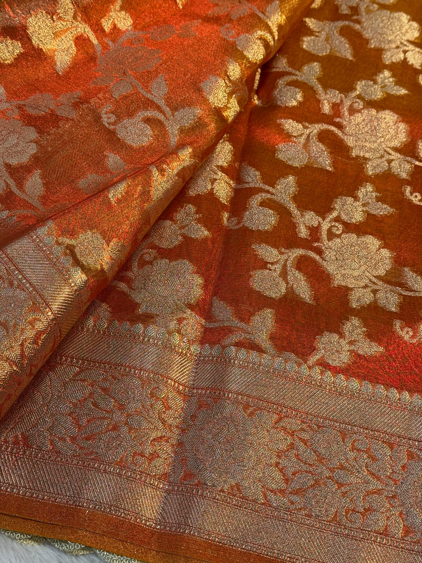 Orange Banarasi tissue silk saree with lace border TS106