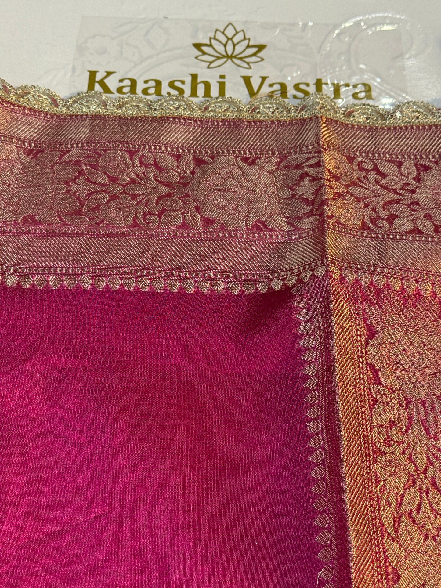 Rani pink Banarasi tissue silk saree with lace border TS106