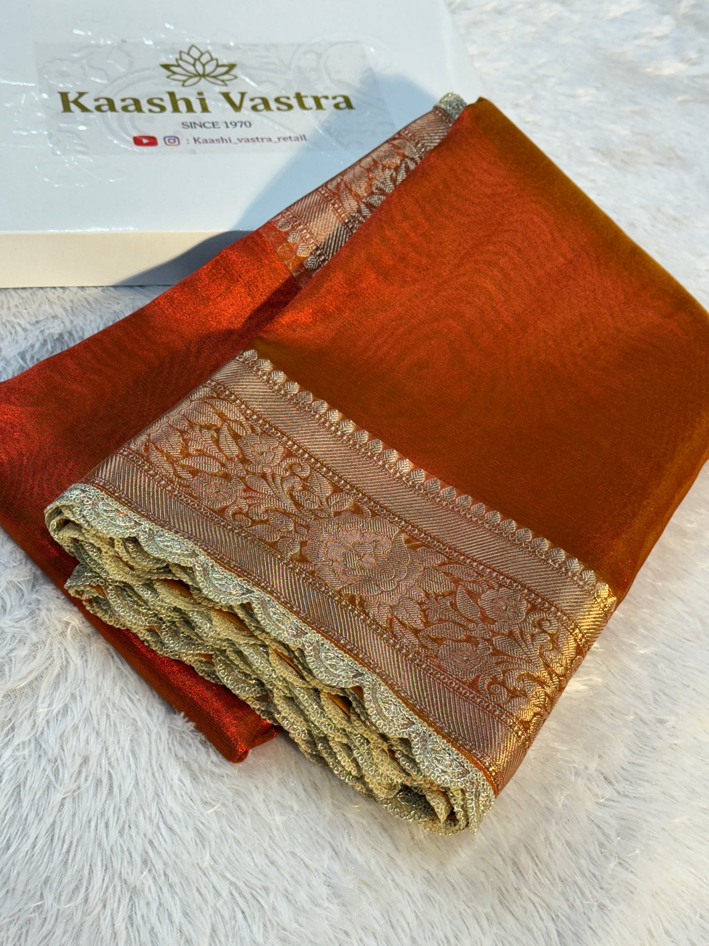 Orange Banarasi tissue silk saree with lace border TS106