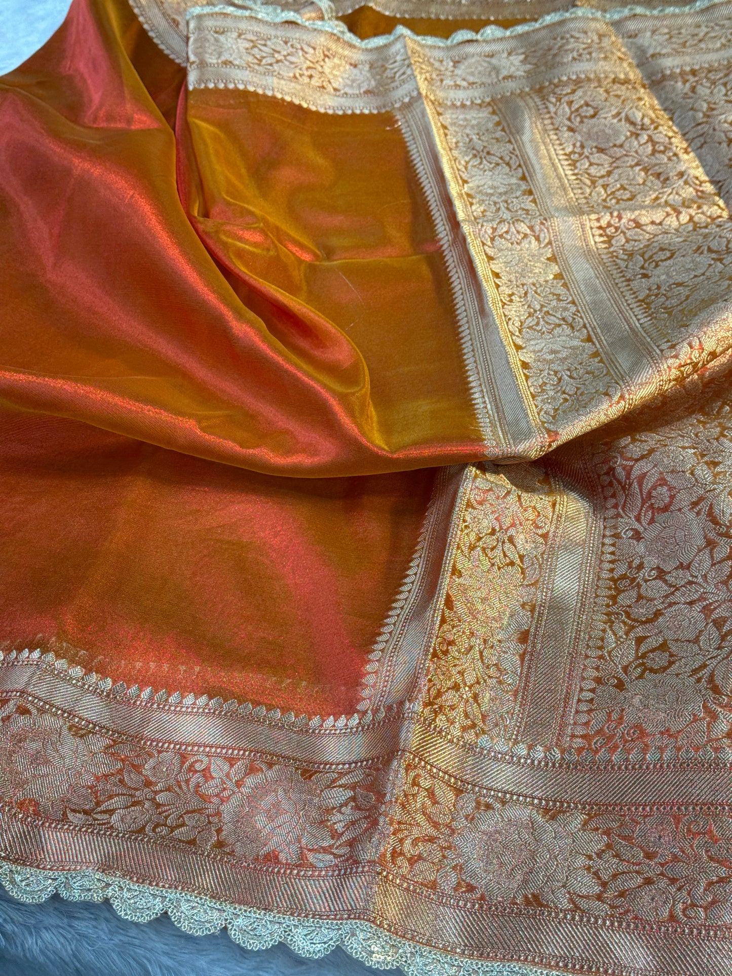 Orange Banarasi tissue silk saree with lace border TS106