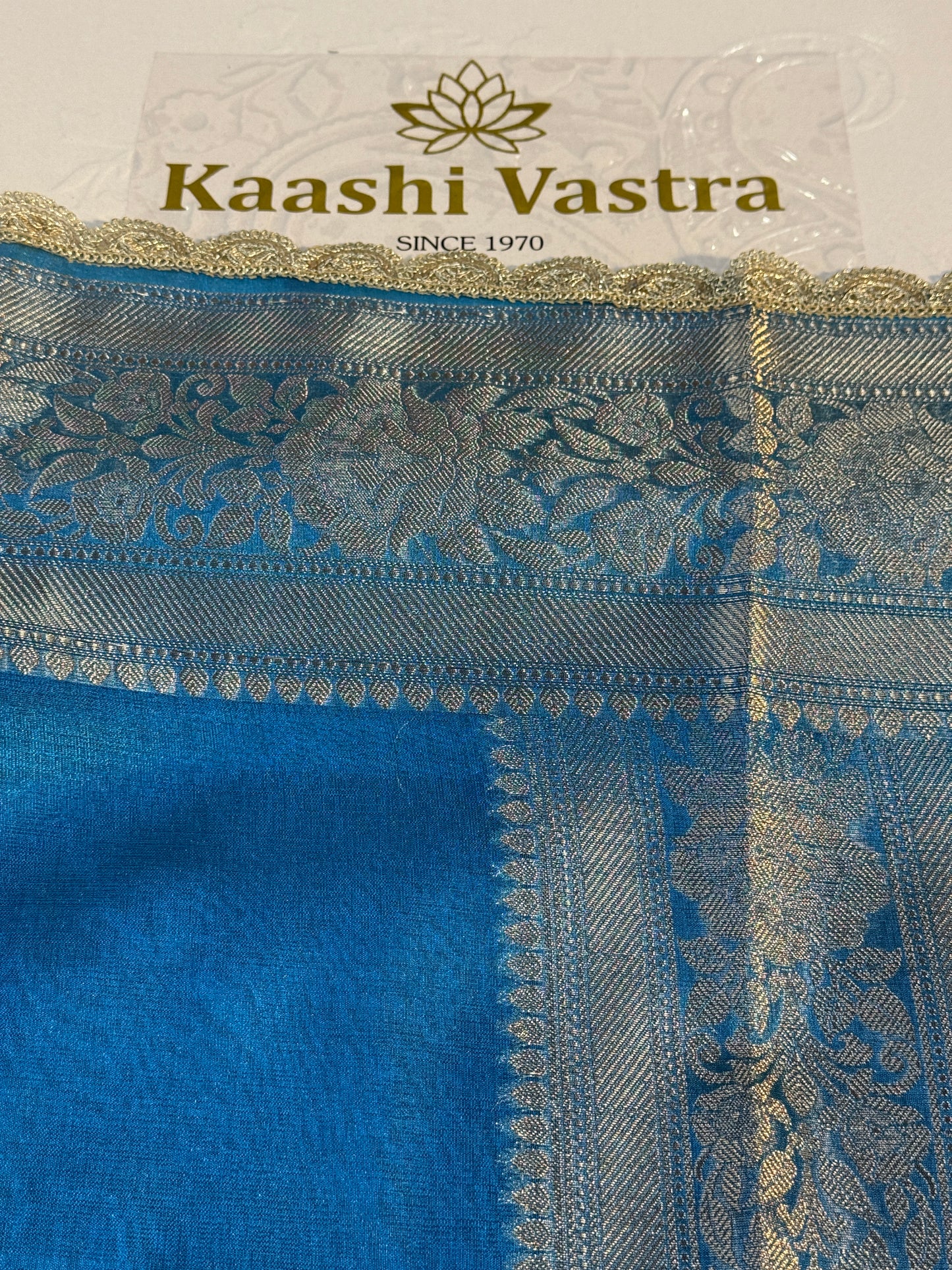 Sky blue Banarasi tissue silk saree with lace border TS106