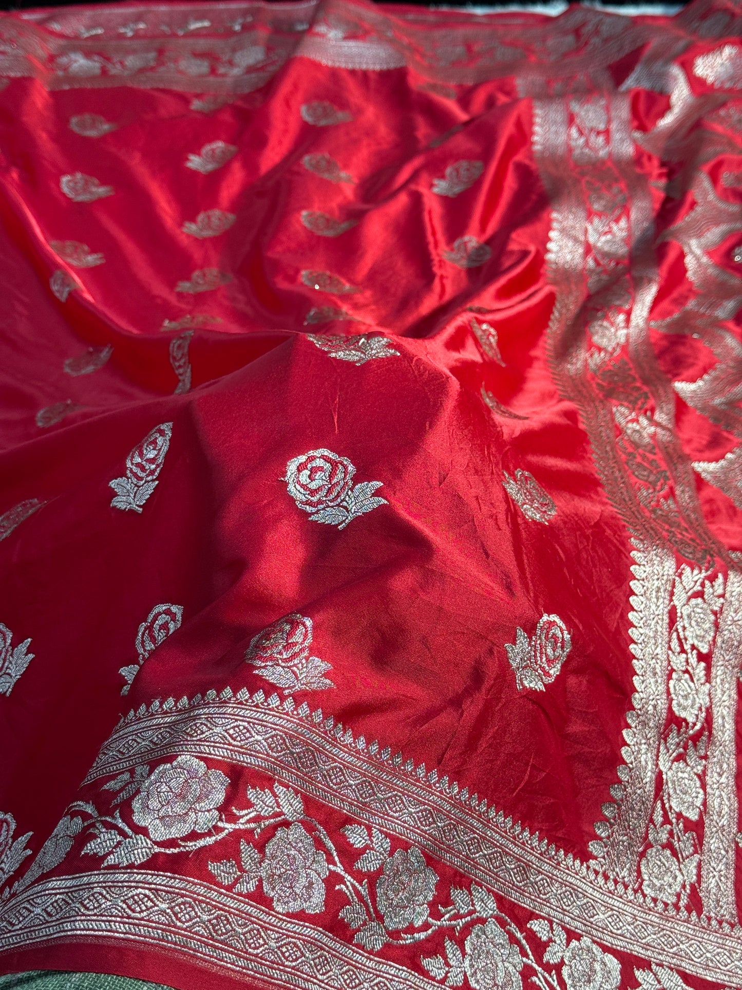 chilli red rose boota Mashru Silk Saree with light silver ZARI MK156