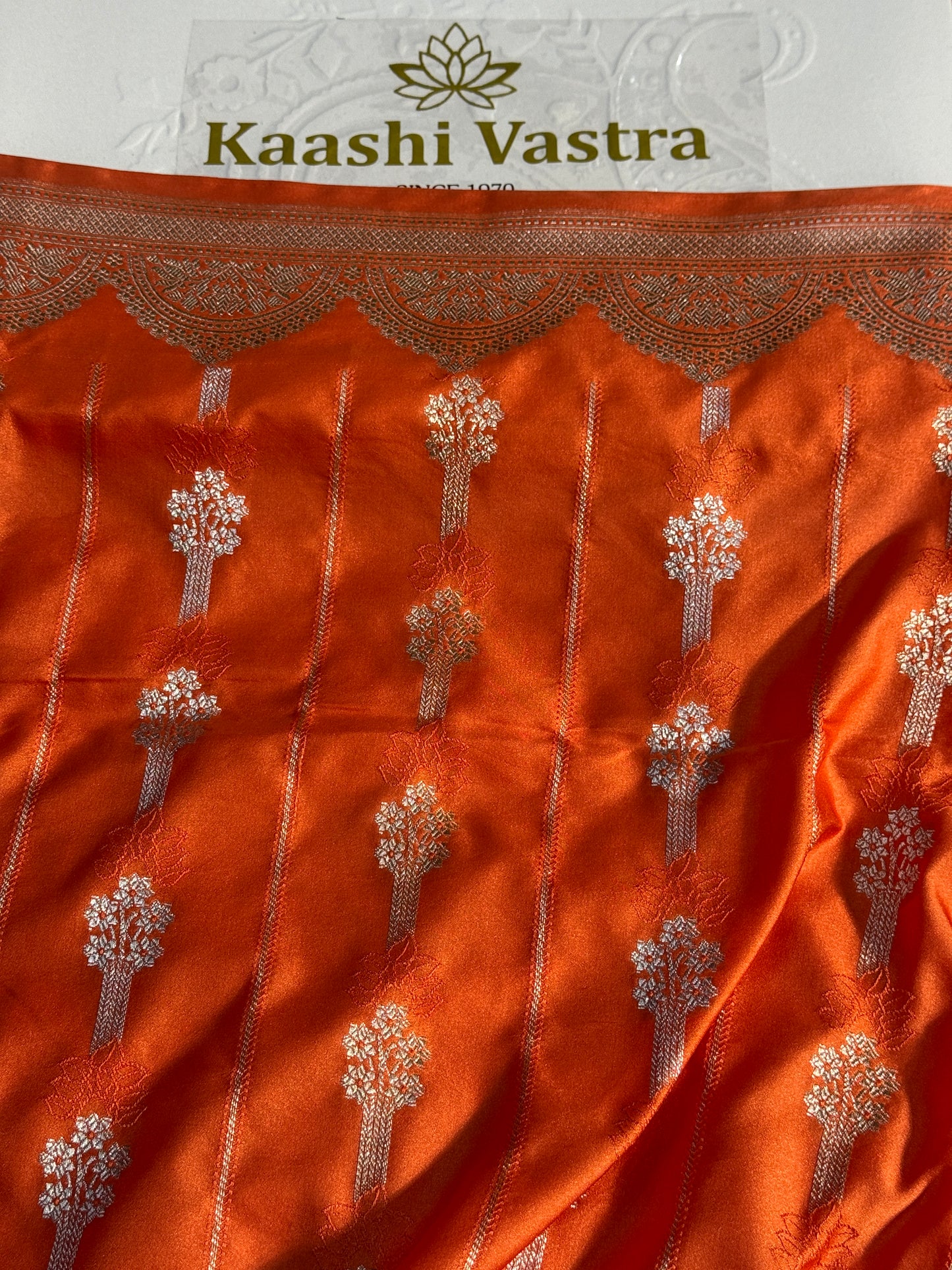 Peach orange Banarasi Mashru katan silk saree MK158