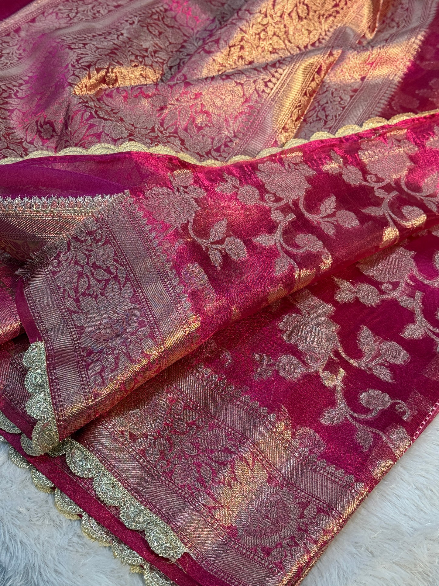 Rani pink Banarasi tissue silk saree with lace border TS106