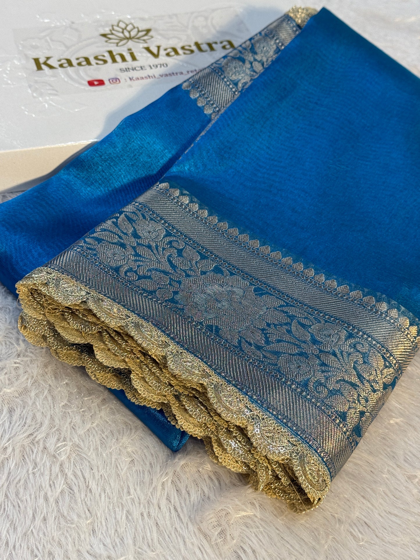 Sky blue Banarasi tissue silk saree with lace border TS106