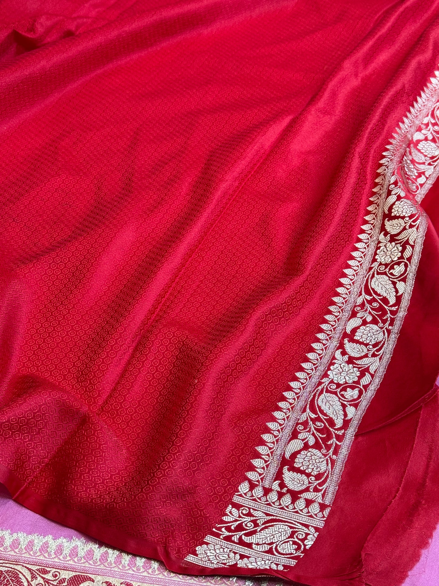 Pink with cherry red premium Banarasi Mashru katan silk saree MK281