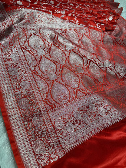 Chilli red premium Banarasi Mashru katan silk saree MK205