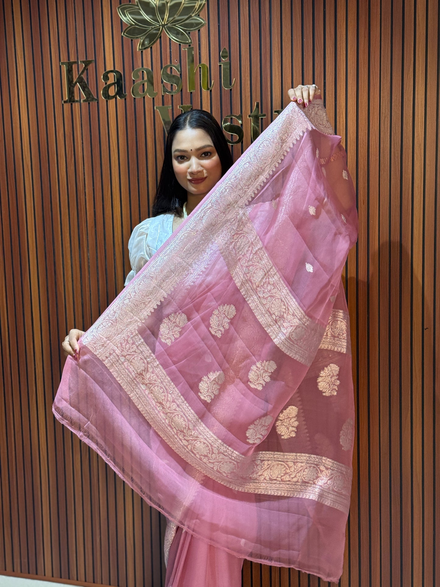 ONION PINK Banarasi pure khaddi chiffon silk saree KC101