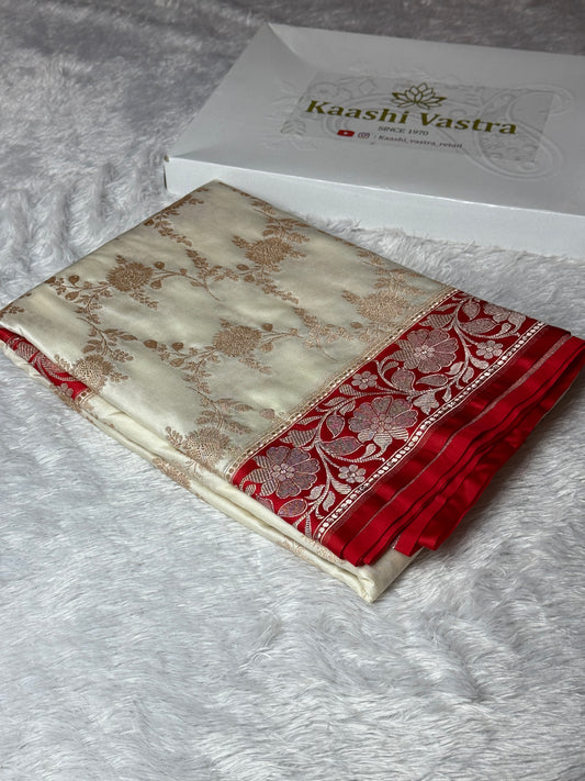 Red and half white premium Banarasi Mashru Katan silk saree MK202