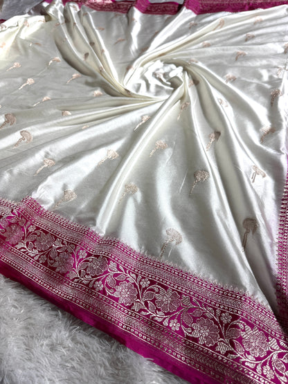 Rani pink off white premium Banarasi Mashru katan silk saree MK218