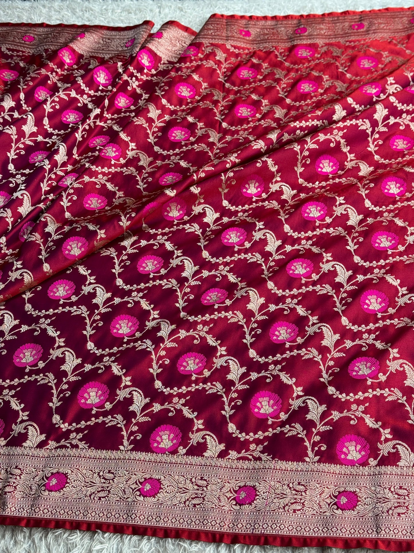 Dual shade hot pink colour premium Banarasi Mashru katan silk saree MK344