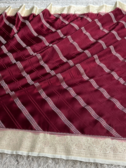 Wine with off white colour premium Banarasi Mashru katan silk saree MK342