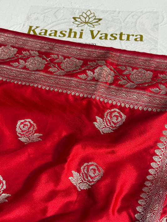 chilli red rose boota Mashru Silk Saree with light silver ZARI MK156