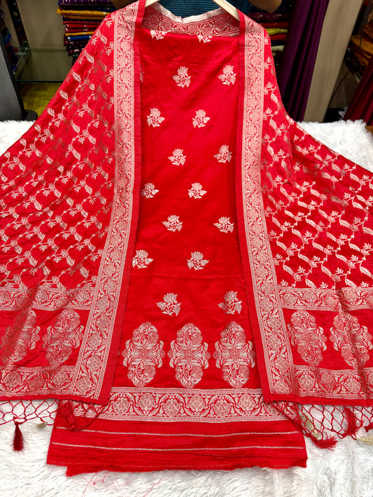 Red premium Banarasi soft satin suit dupatta SD101
