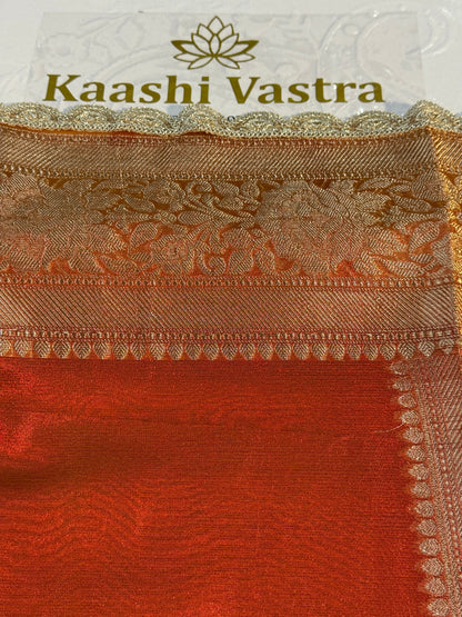 Orange Banarasi tissue silk saree with lace border TS106