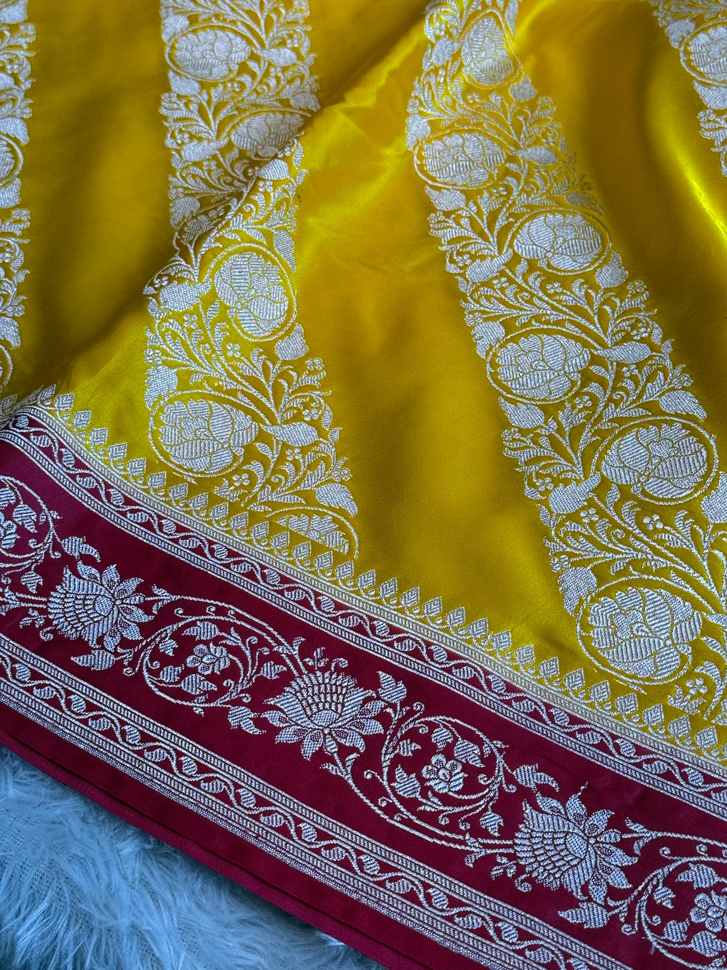 Yellow and cherry red premium Banarasi Mashru katan silk saree MK279
