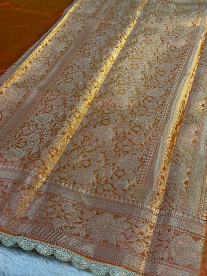 Orange Banarasi tissue silk saree with lace border TS106