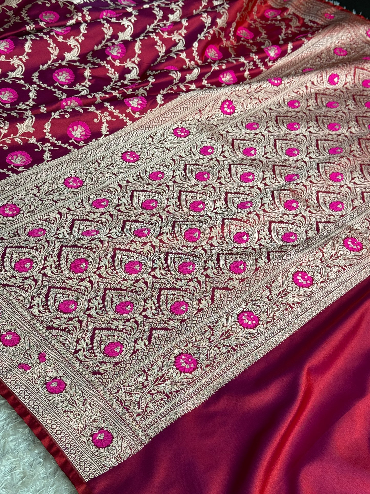 Dual shade hot pink colour premium Banarasi Mashru katan silk saree MK344