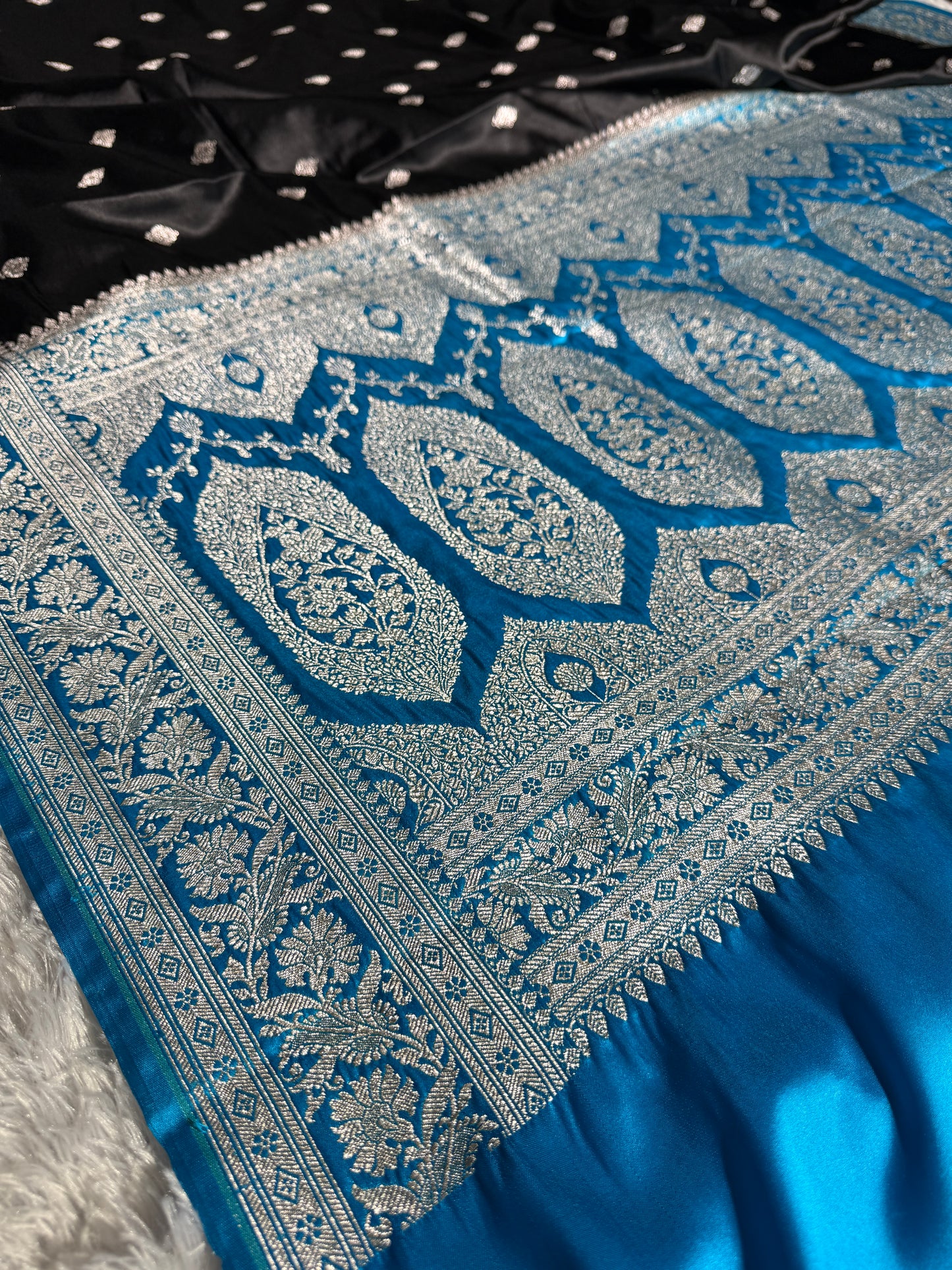 Black and sky blue contrast Banarasi Mashru katan silk saree MK182