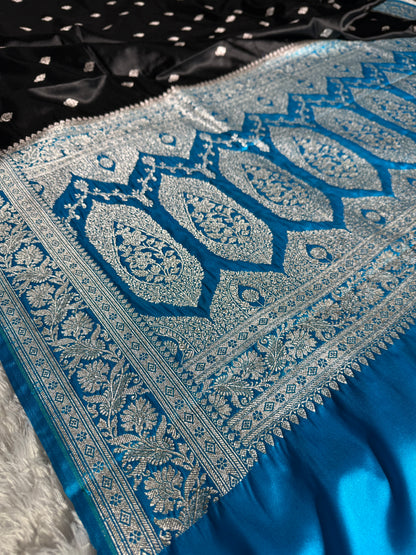Black and sky blue contrast Banarasi Mashru katan silk saree MK182