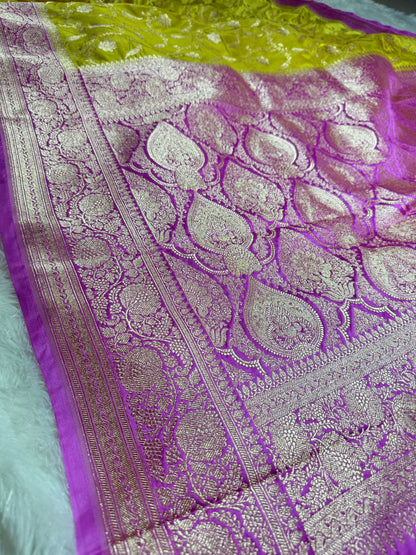 Yellow pink contrast Banarasi Mashru katan silk saree MK203