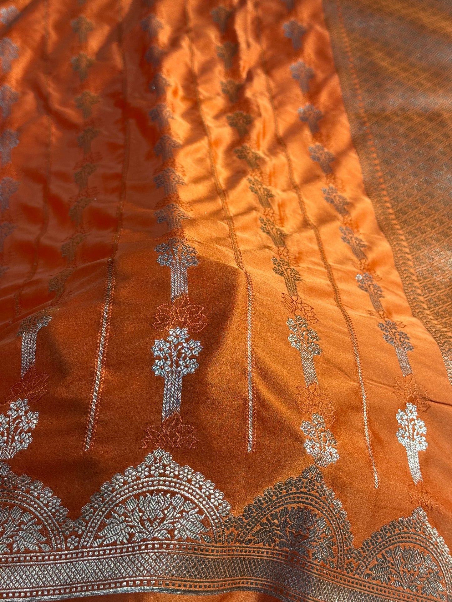 Peach orange Banarasi Mashru katan silk saree MK158
