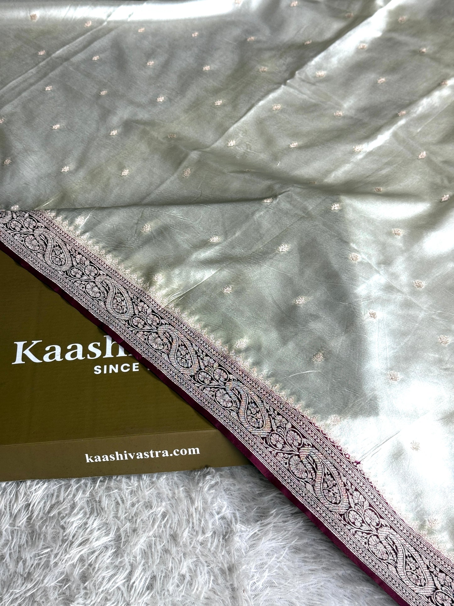 Off white with brown colour premium Banarasi Mashru katan silk saree MK287