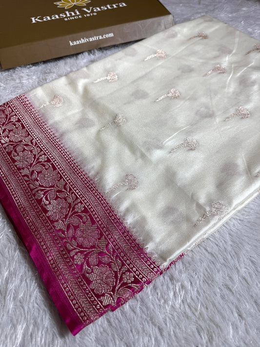 Rani pink off white premium Banarasi Mashru katan silk saree MK218
