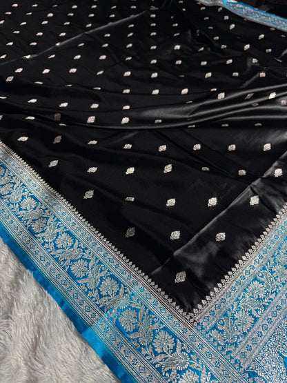 Black and sky blue contrast Banarasi Mashru katan silk saree MK182