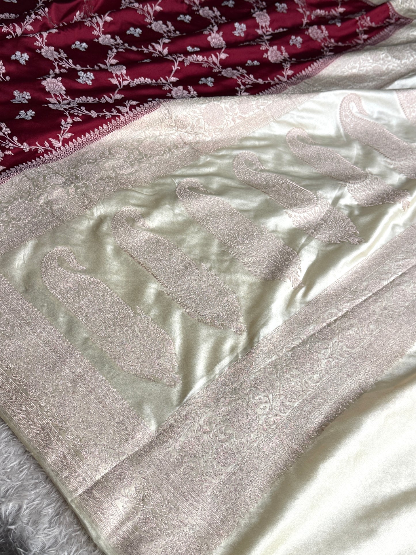 Maroon with off white colour premium Banarasi Mashru katan silk saree MK339