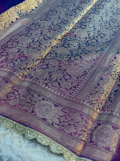 Baigni color Banarasi tissue silk saree with lace border TS106