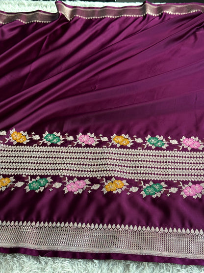 Wine colour premium Banarasi tilfi Mashru katan silk saree MK332