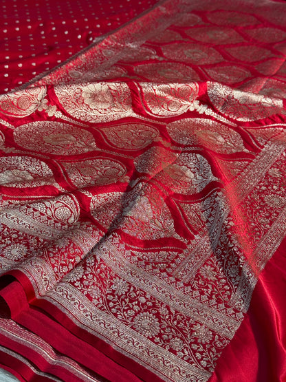 Chilli red Banarasi Mashru katan silk saree MK159